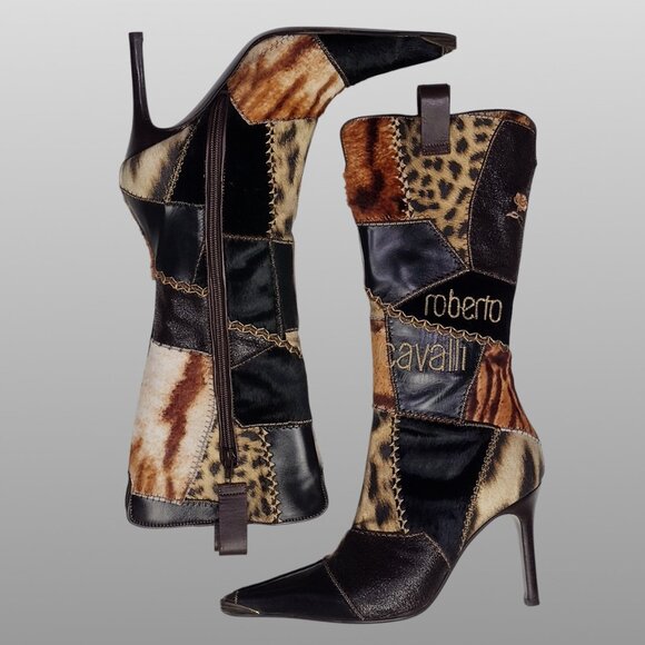 Roberto Cavalli Signature Pony Hair Calfskin Jaguar Print Boots 36 with Box - Picture 4 of 16